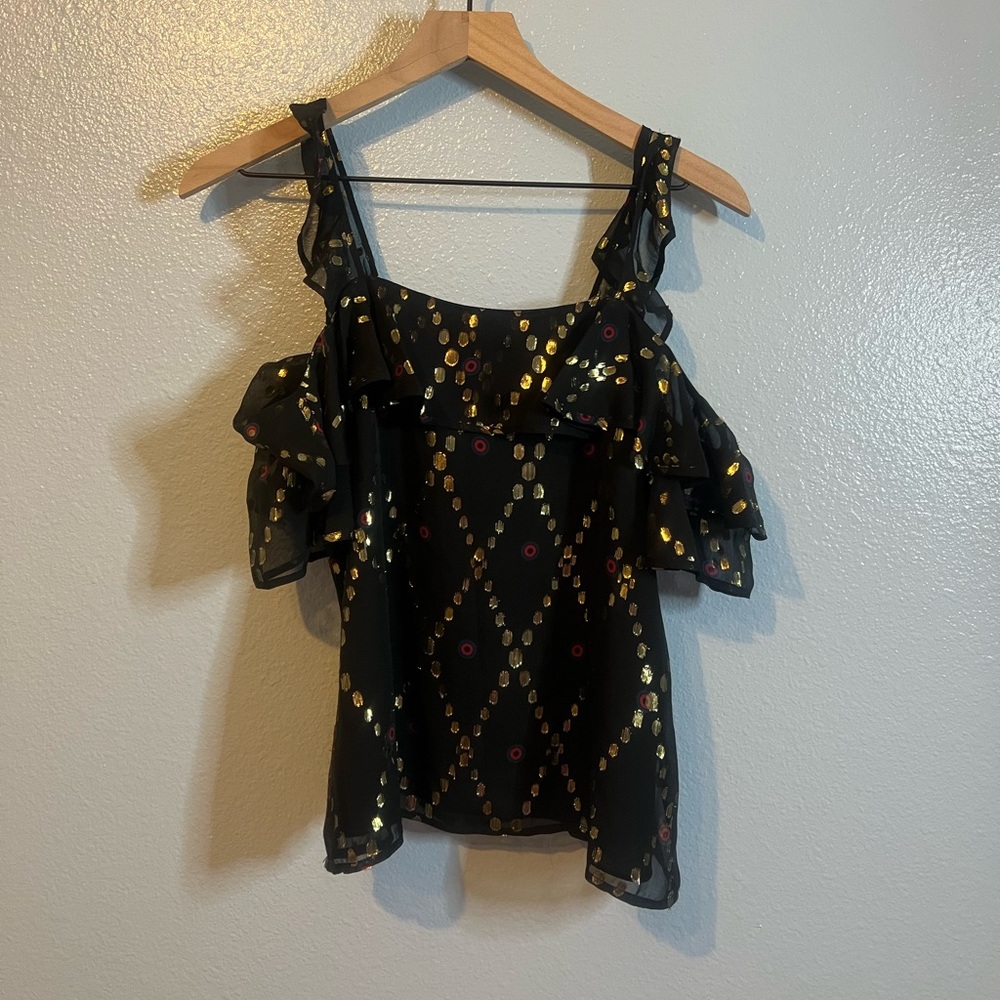 A.L.C Willow Silk Metallic Ruffle Cold Shoulder Blouse Size 0